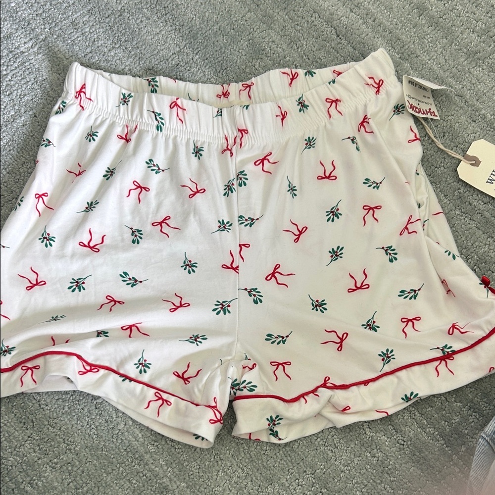 Indigo White Shorts with Red Bow and Green Sprig Print